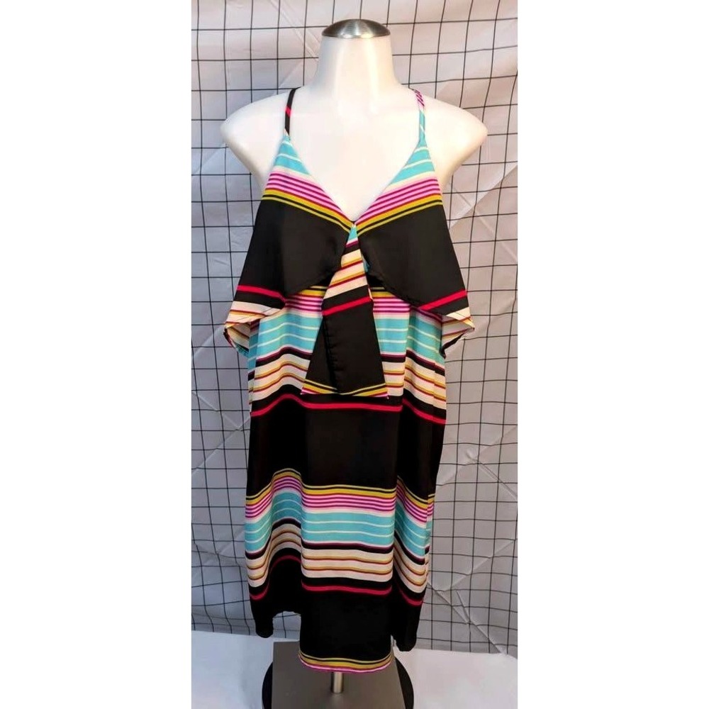 Eyeshadow ~ Stripe Knot Bow Tank Dress ~ Black with Colorful Stripes ~Size Large